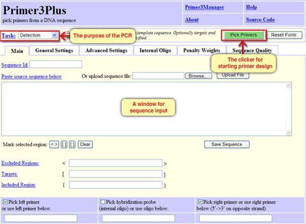 Screen 1: The Primer3Plus interface - a tool for designing primers, to be used for example in PCR method.
