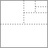 בתמונה מוצג ריבוע עם מספר קוים המפרידות אותו למלבנים קטנים יותר. הקו המפריד הראשון הוא אופקי המחלק אותו לשניים. הקו השני הוא אנכי ומחלק את החלק העליון בשני חצאים זהים. הקו השלישי הוא אופקי ומחלק את החלק הימני של החלוקה החדשה בשני חצאים זהים. הקו הרביעי הוא אנכי המפריד בין מחצית החלק העליון של החלוקה החדשה. הקו החמישי אופקית מתחלק במחצית המלבן הימני החדש שנוצר.