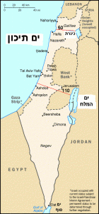 מפת ארץ ישראל שמציגה את המרחק האווירי מהכנרת לים התיכון ומים המלח לים התיכון