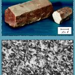 דוגמת יד ותצלום דרך מיקרוסקופ אור מקטב של סלע הקוורציט.