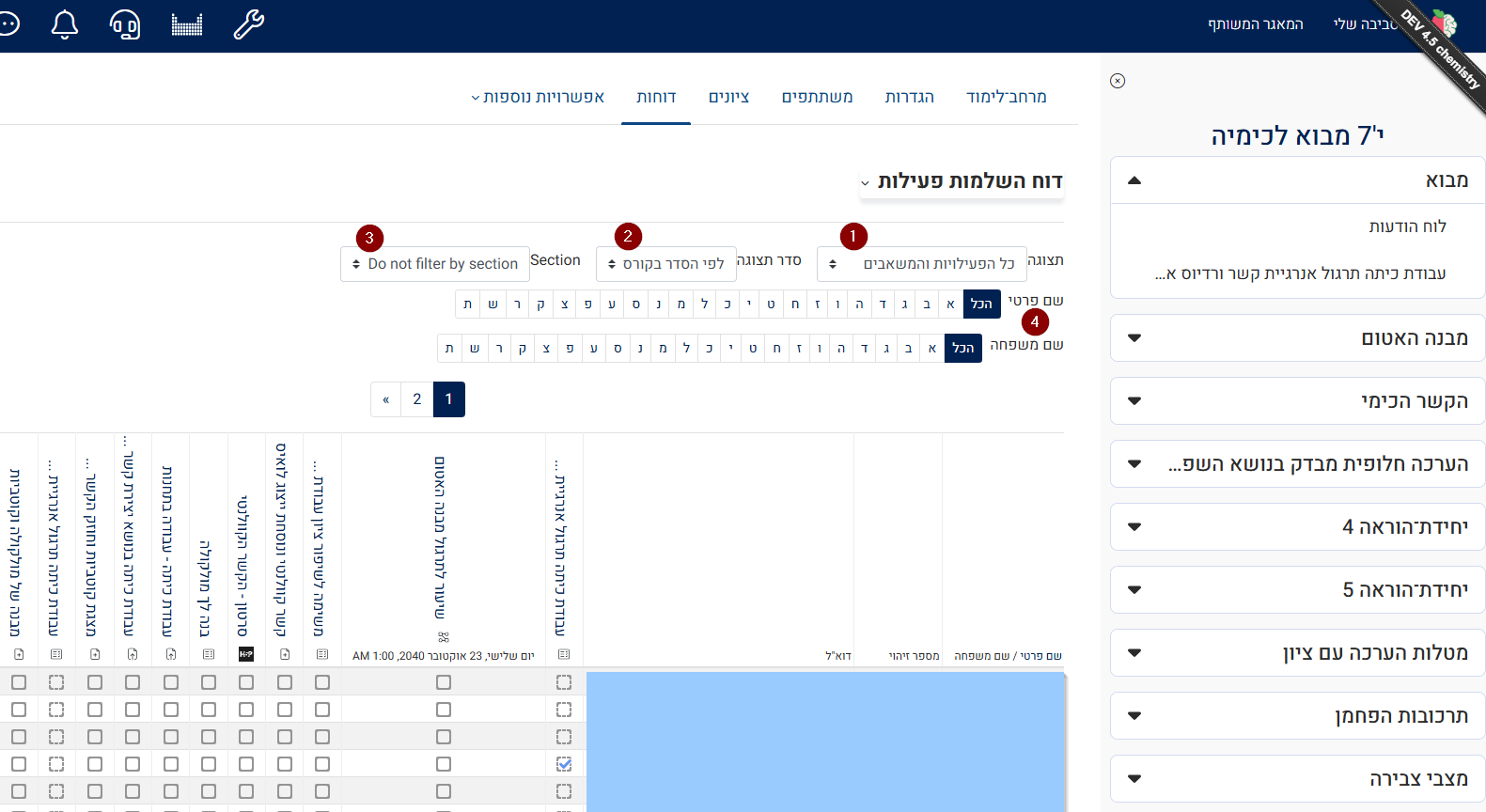 מסנני דוחות השלמת פעילות