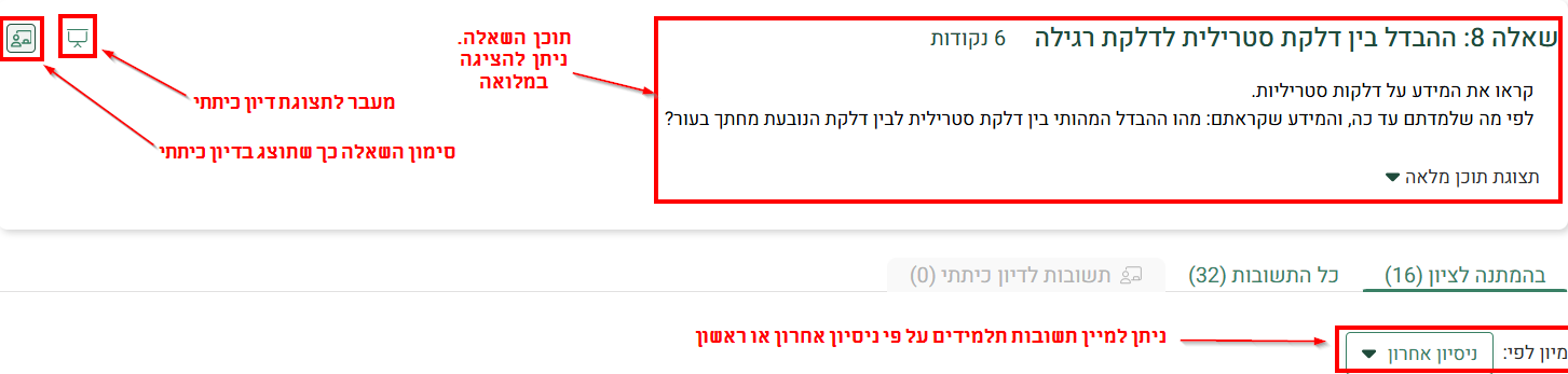 חלק שמאלי עליון בלשונית שאלות ממתינות לציון